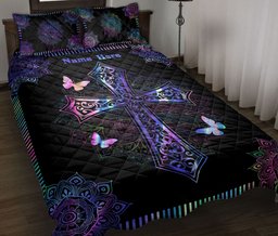 Personalized Christian, Jesus, God Quilt Bedding Set, JesusCross Butterfly Mandala Floral Quilt Blanket With Pillowcases, Duvet Cover Set