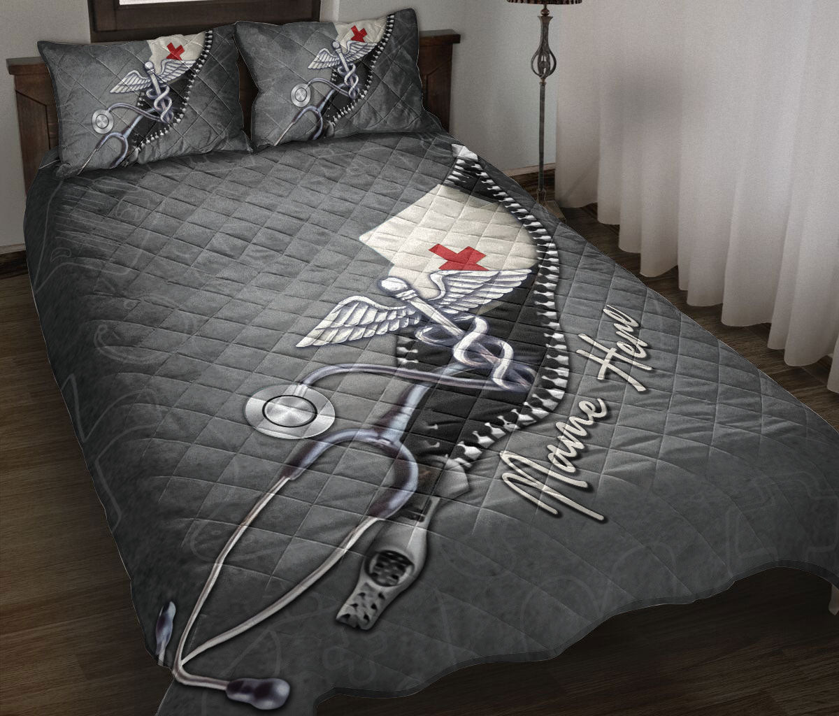 Personalized Nurse Quilt Bedding Set, Nurse Essential Job Nursing Scrub Grey Quilt Blanket With Pillowcases, Custom Name Duvet Cover Set