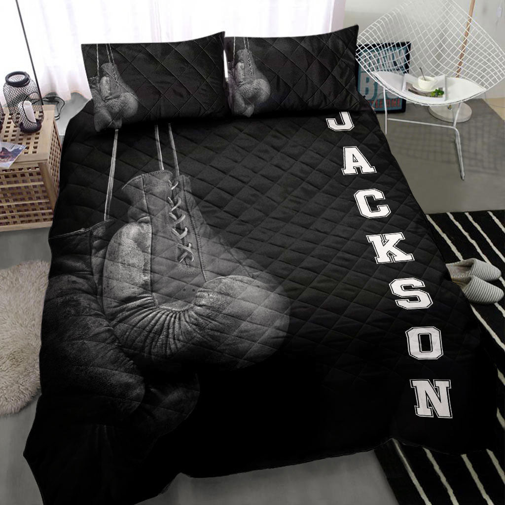 Personalized Boxing Quilt Bedding Set, Boxing Gloves Athletes Black Quilt Blanket With Pillowcases, Custom Name Duvet Cover Set