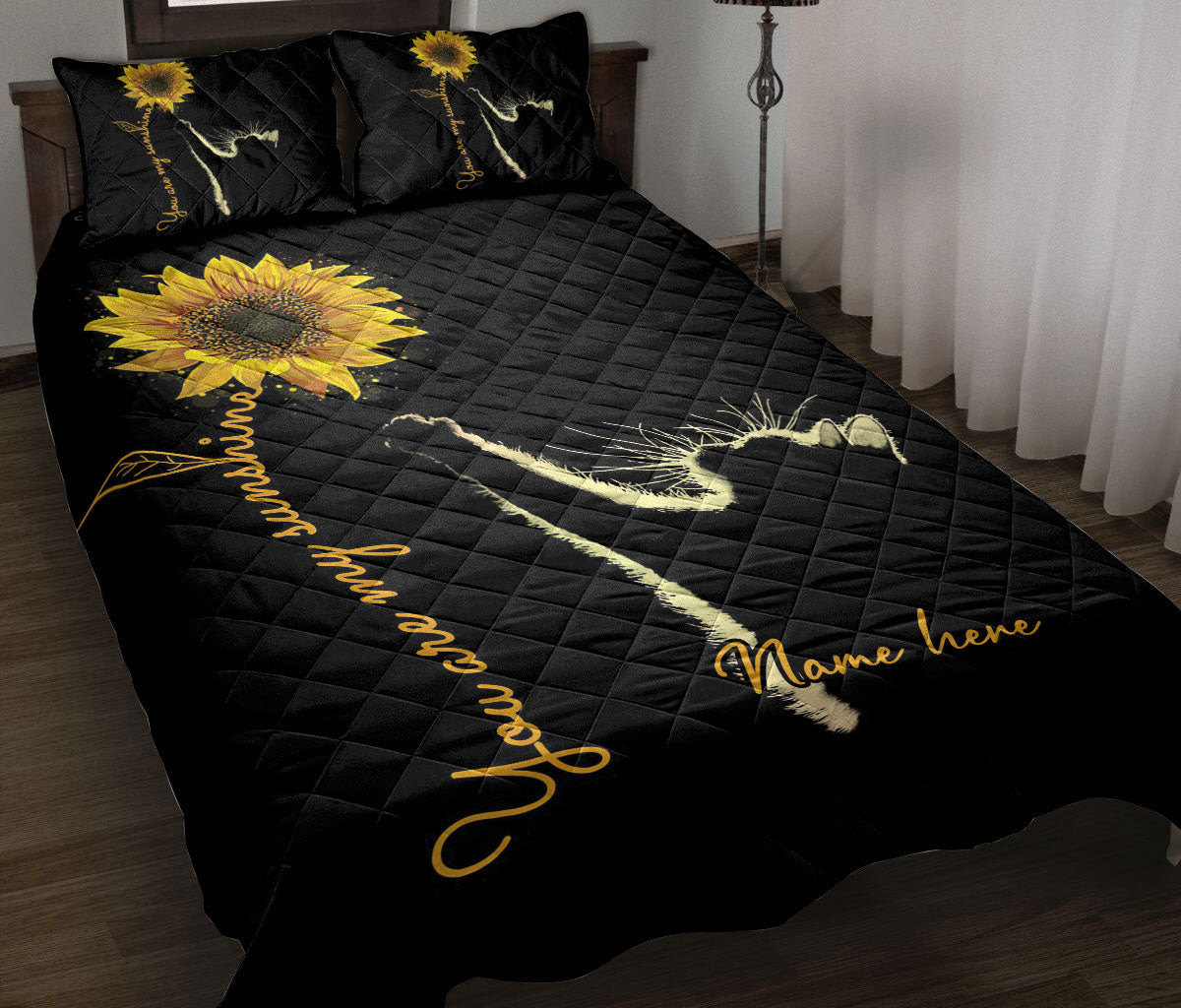 Personalized Sunflower,Cat Quilt Bedding Set, Sunshine Cat Sunflower Flower Black Quilt Blanket With Pillowcases, Custom Name Duvet Cover Set