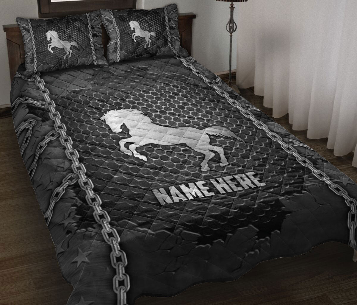 Personalized Horse Quilt Bedding Set, Horse Iron Chains Quilt Blanket With Pillowcases, Custom Name Duvet Cover Set