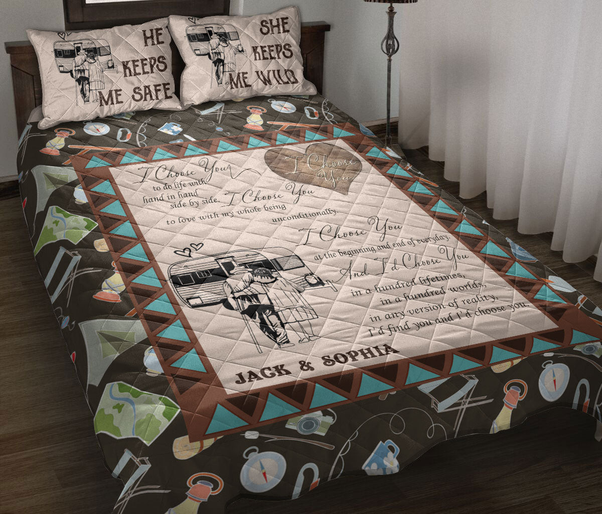 Personalized Camping Quilt Bedding Set, Camping I Choose You Couple Love Quilt Blanket With Pillowcases, Custom Name Duvet Cover Set