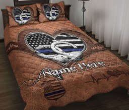 Personalized Police Quilt Bedding Set, Police Thin Blue Line Flag Heart Quilt Blanket With Pillowcases, Custom Name Duvet Cover Set