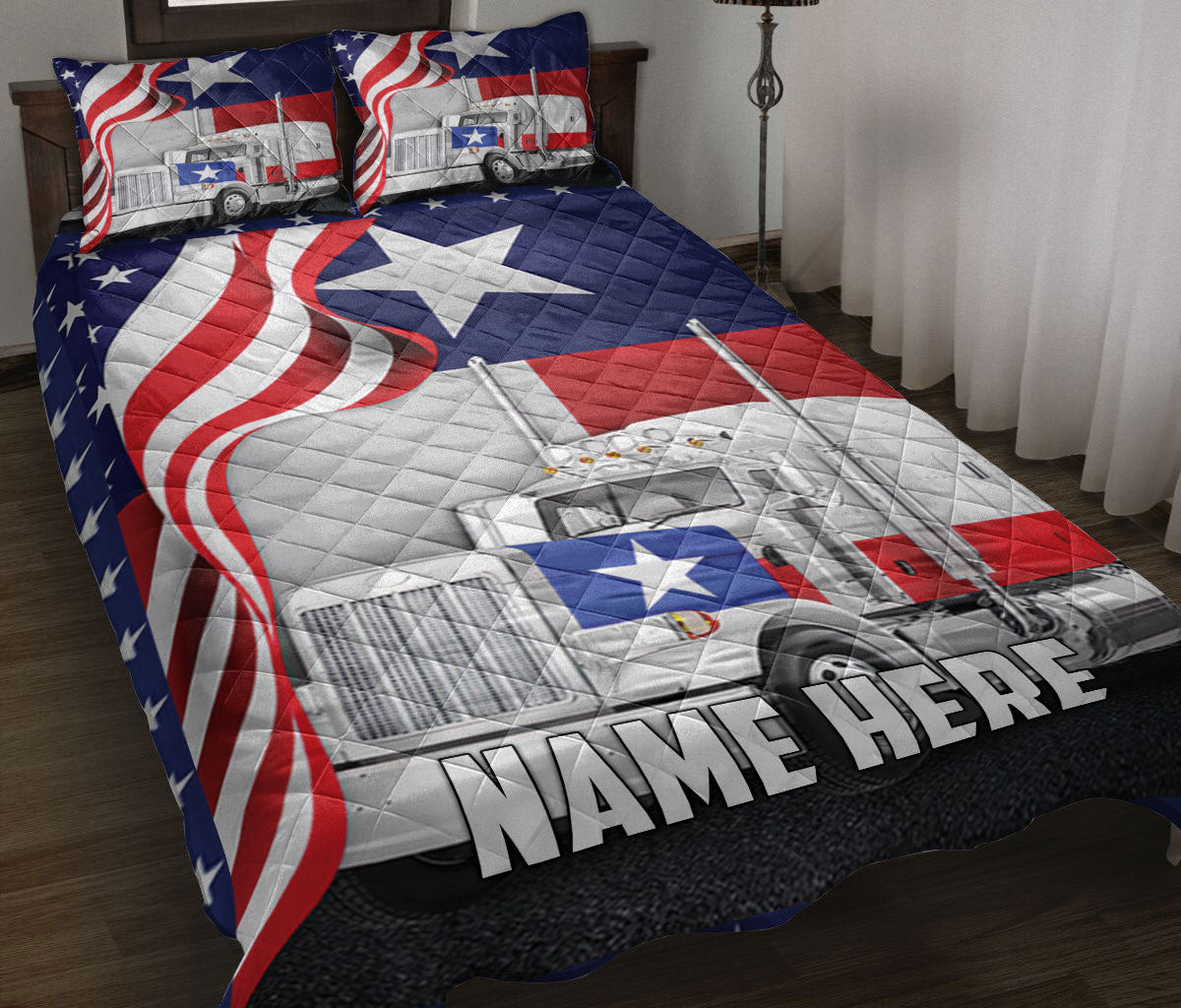 Personalized Trucker Quilt Bedding Set, Texas Truckers US Flag Wild West Western Texas Quilt Blanket With Pillowcases, Duvet Cover Set
