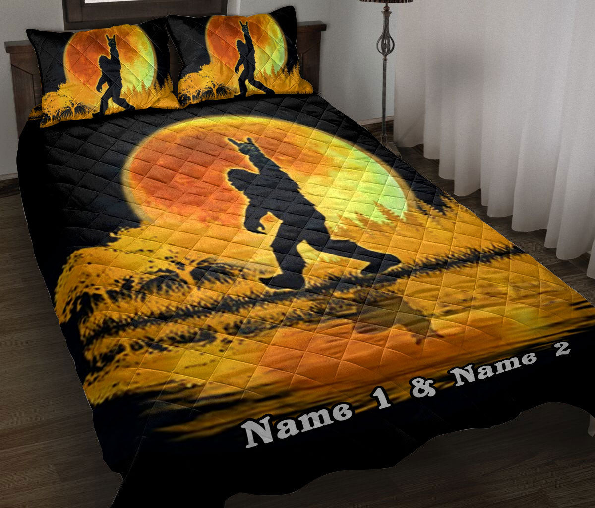 Personalized Bigfoot Quilt Bedding Set, Bigfoot & Yellow Full Moon Love Sign Black Quilt Blanket With Pillowcases, Custom Name Duvet Cover Set