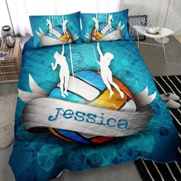 Personalized Volleyball Quilt Bedding Set, Volleyball Girl Blue Turquoise Quilt Blanket With Pillowcases, Custom Name Duvet Cover Set
