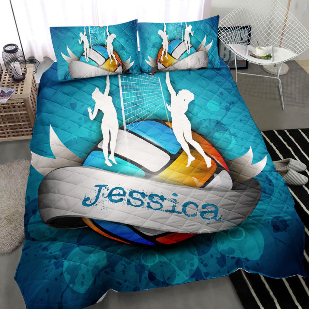 Personalized Volleyball Quilt Bedding Set, Volleyball Girl Blue Turquoise Quilt Blanket With Pillowcases, Custom Name Duvet Cover Set