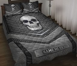 Personalized Skull Quilt Bedding Set, Skull Silver Quilt Blanket With Pillowcases, Custom Name Duvet Cover Set