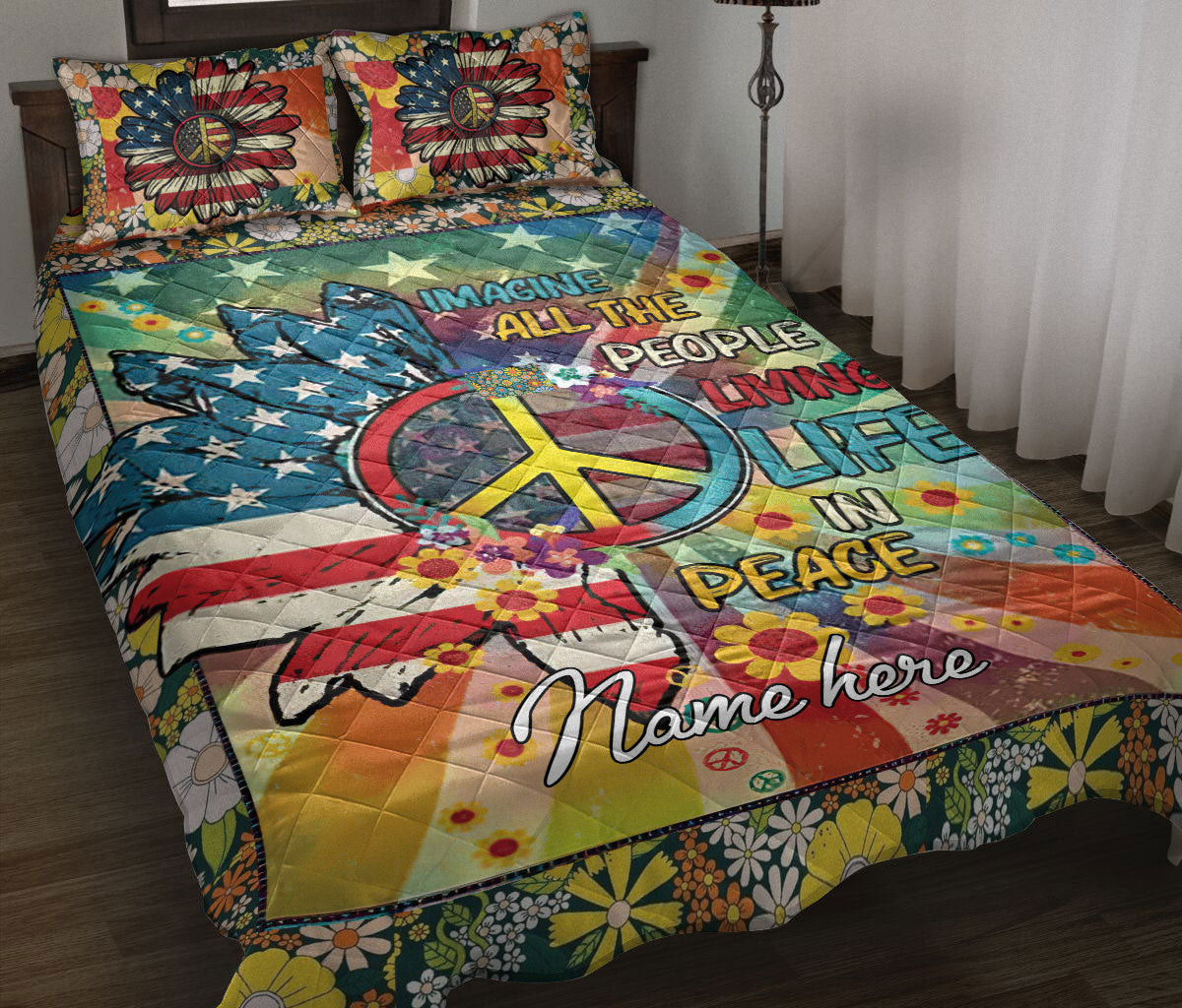 Personalized Hippie Quilt Bedding Set, America Sunflower Peace Hippie Trippy Quilt Blanket With Pillowcases, Custom Name Duvet Cover Set