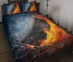 Personalized Hockey Quilt Bedding Set, Hockey Puck Fire & Water Quilt Blanket With Pillowcases, Custom Name Duvet Cover Set