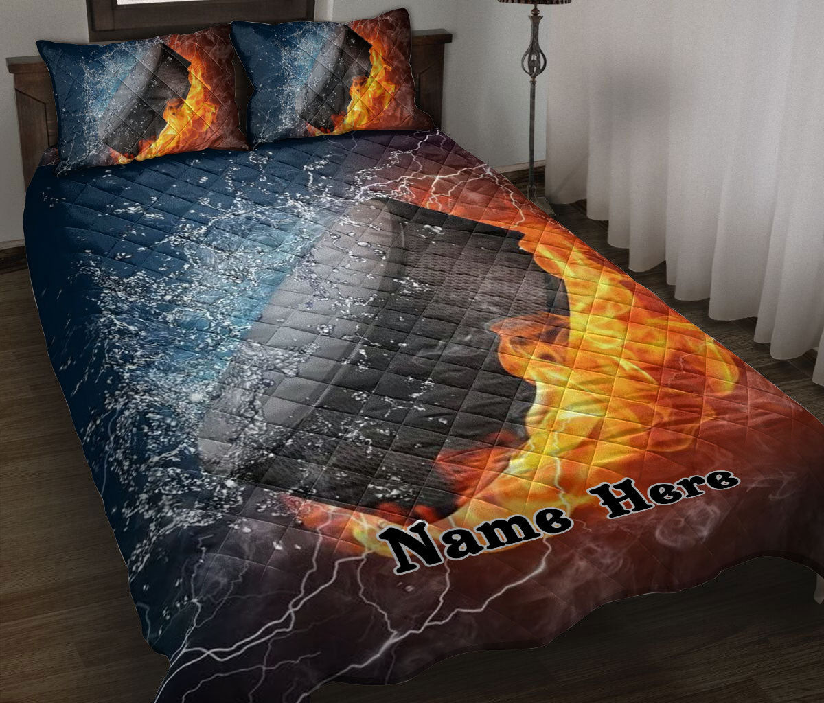 Personalized Hockey Quilt Bedding Set, Hockey Puck Fire & Water Quilt Blanket With Pillowcases, Custom Name Duvet Cover Set