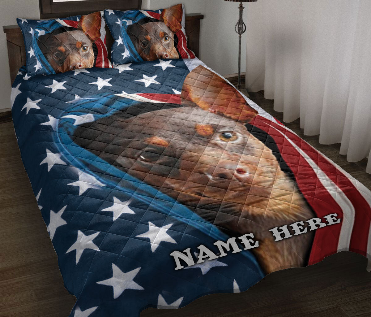 Personalized Miniature Pinscher Quilt Bedding Set, Miniature Pinscher Patriot American US Flag Quilt Blanket With Pillowcases, Duvet Cover Set