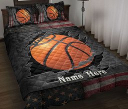 Personalized Basketball Quilt Bedding Set, Basketball Crack US Flag Quilt Blanket With Pillowcases, Custom Name Duvet Cover Set