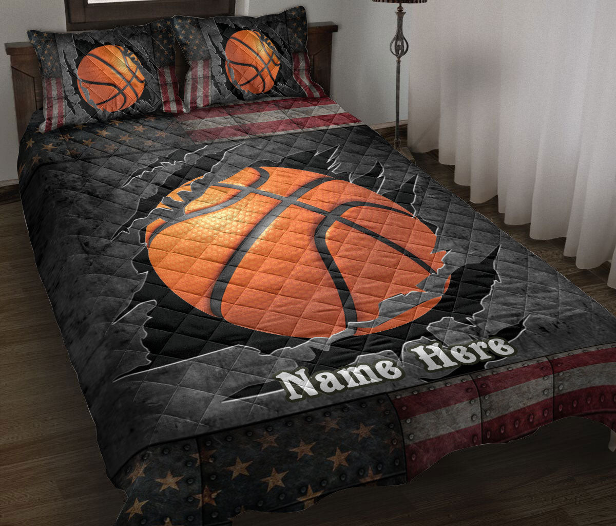 Personalized Basketball Quilt Bedding Set, Basketball Crack US Flag Quilt Blanket With Pillowcases, Custom Name Duvet Cover Set