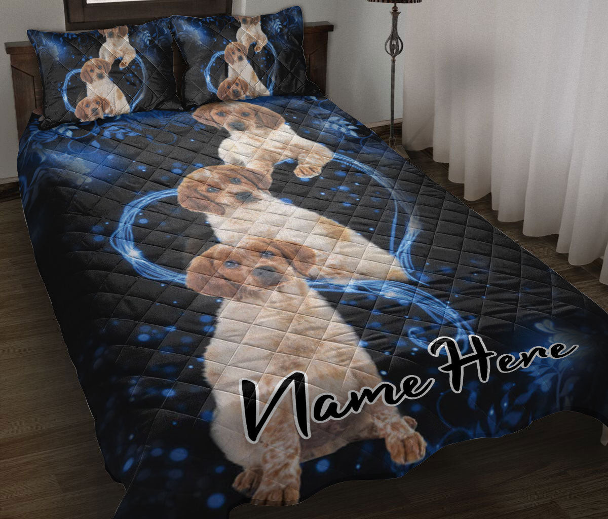 Personalized Brittany Spaniel Quilt Bedding Set, Brittany Spaniel Blue Heart Floral Dog Quilt Blanket With Pillowcases, Duvet Cover Set