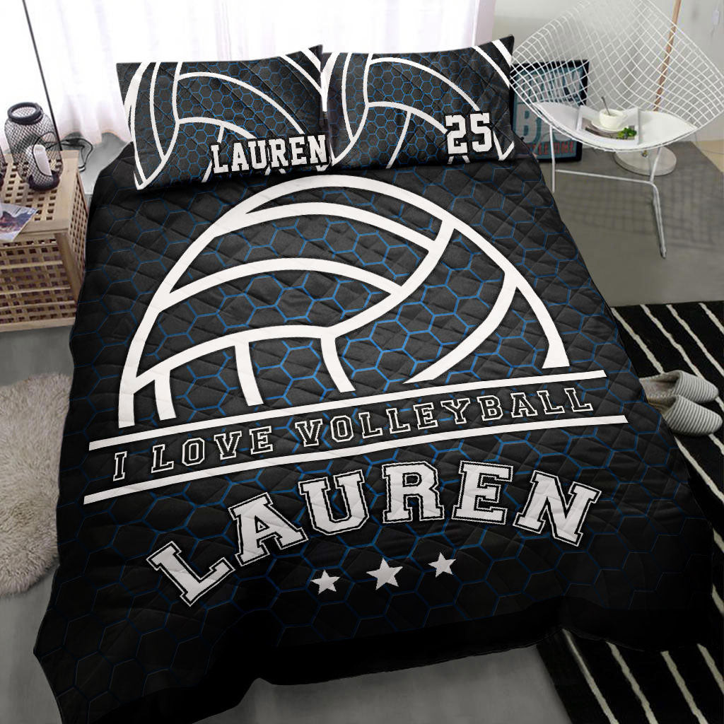 Personalized Volleyball Quilt Bedding Set, Volleyball Black White Honeycomb Quilt Blanket With Pillowcases, Duvet Cover Set