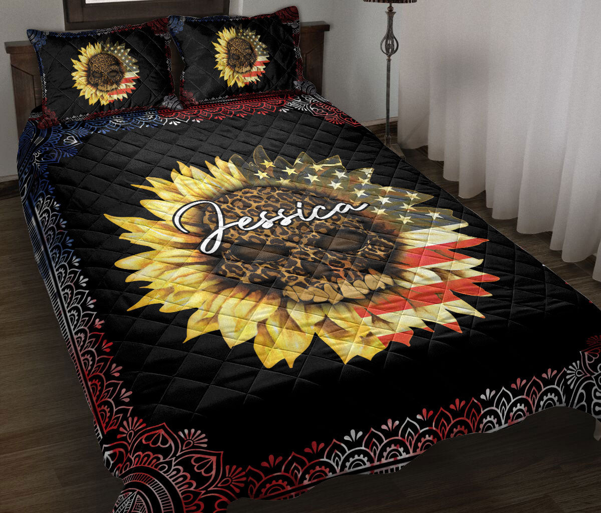 Personalized Skull Quilt Bedding Set, Sunflower And Skull Quilt Blanket With Pillowcases, Custom Name Duvet Cover Set