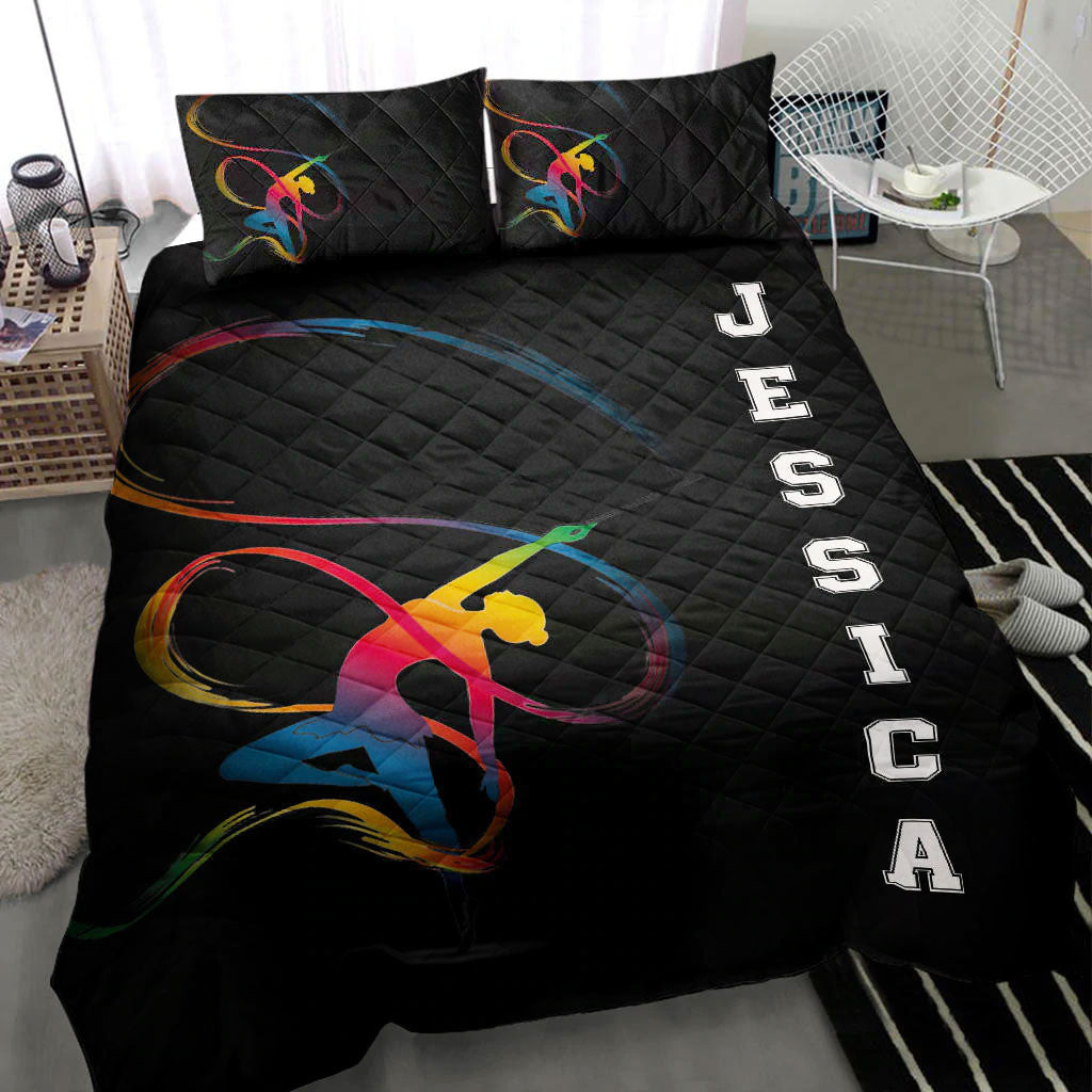 Personalized Gymnastic Quilt Bedding Set, Gymnastic Dance Girl Princess Athletes Quilt Blanket With Pillowcases, Custom Name Duvet Cover Set