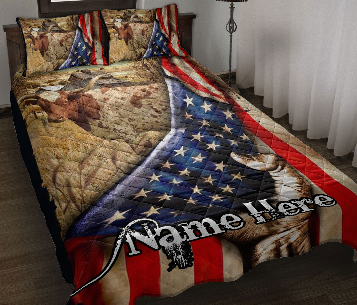 Personalized Texas Quilt Bedding Set, Western Texas Longhorn Bluebonnet USUS Flag Quilt Blanket With Pillowcases, Custom Name Duvet Cover Set