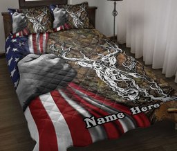 Personalized Hunting Quilt Bedding Set, Deer USFlags Hunting Quilt Blanket With Pillowcases, Custom Name Duvet Cover Set
