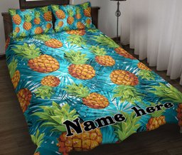 Personalized Fruit Quilt Bedding Set, Cute Pineapples Seamless Fashion Tropical Blue Quilt Blanket With Pillowcases, Custom Name Duvet Cover Set