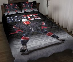 Personalized Hockey Quilt Bedding Set, America US Flag Hockey Player Black Quilt Blanket With Pillowcases, Duvet Cover Set