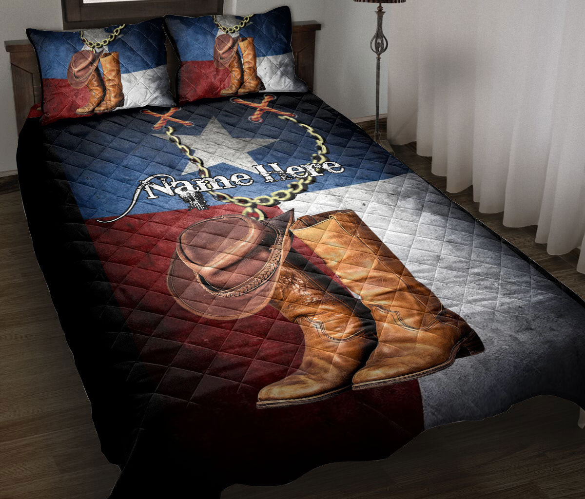 Personalized Cowboy Quilt Bedding Set, Horse Cowboy Cowgirl Hat Boots Texas Flag Quilt Blanket With Pillowcases, Custom Name Duvet Cover Set