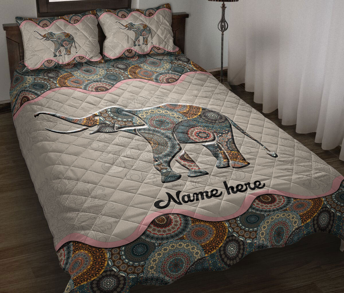 Personalized Elephant Quilt Bedding Set, Elephant Floral Mandala Quilt Blanket With Pillowcases, Custom Name Duvet Cover Set