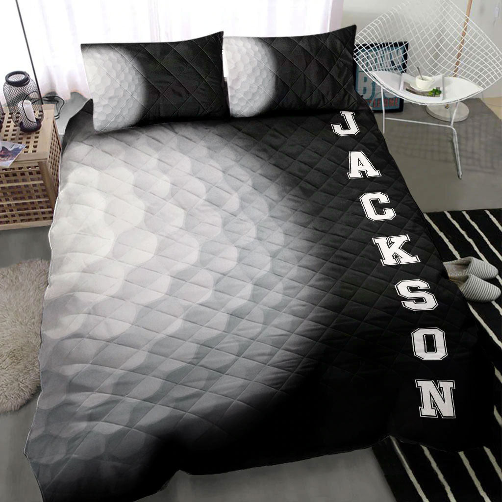 Personalized Golf Quilt Bedding Set, Golfer Golf Ball Black Quilt Blanket With Pillowcases, Custom Name Duvet Cover Set