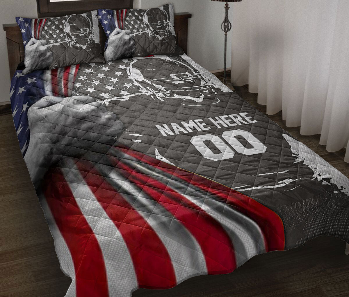 Personalized Football Quilt Bedding Set, Football Player American US Flag Patriotic Quilt Blanket With Pillowcases, Duvet Cover Set