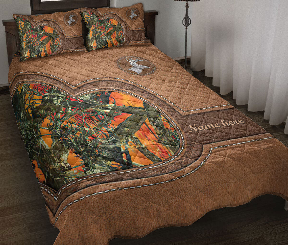 Personalized Hunting Quilt Bedding Set, Country Girl Deer Hunting Orange Deer Horn Quilt Blanket With Pillowcases, Custom Name Duvet Cover Set