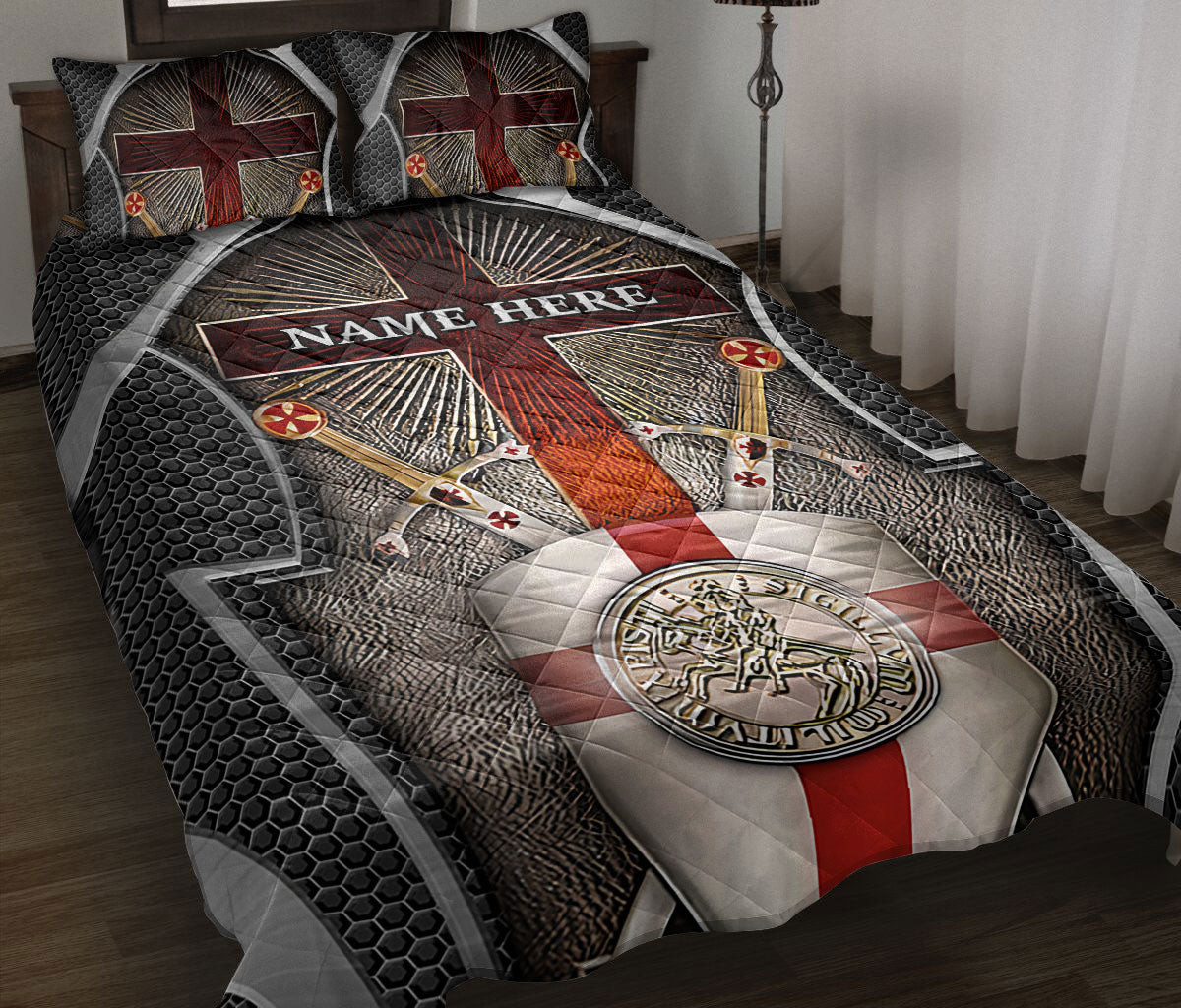 Personalized Knights Templar Quilt Bedding Set, Knights Templar Cross Armor Shield Sword Black Quilt Blanket With Pillowcases, Duvet Cover Set