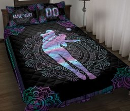 Personalized Softball Quilt Bedding Set, Hologram Mandala Softball Girl Pitcher Quilt Blanket With Pillowcases, Duvet Cover Set