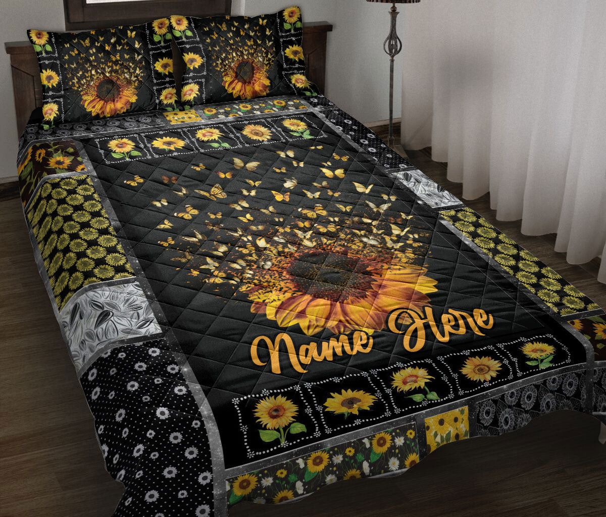 Personalized Quilt Bedding Set, Butterfly Sunflower Patchwork Quilt Blanket With Pillowcases, Custom Name Duvet Cover Set