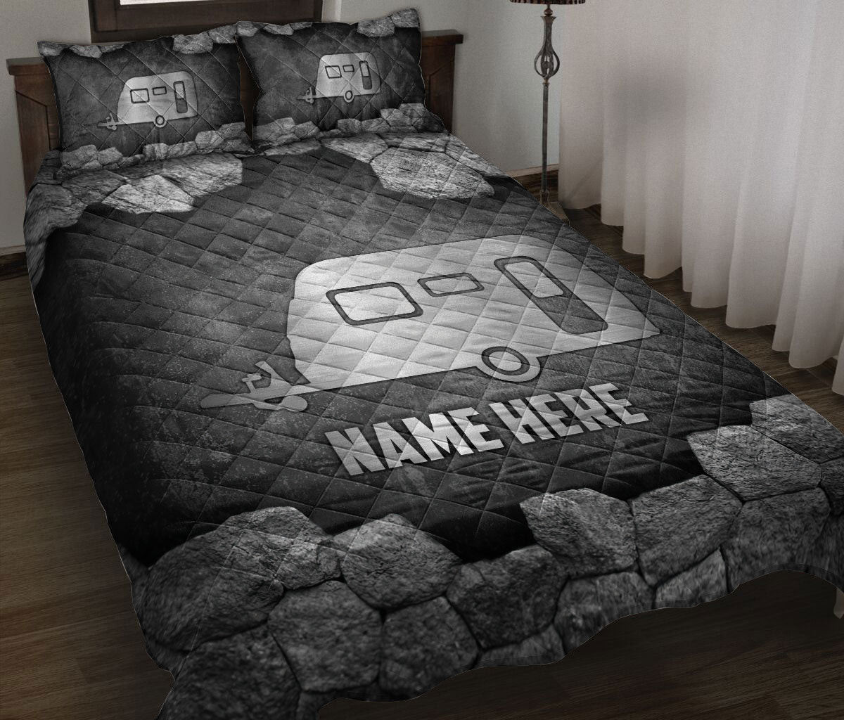 Personalized Camping Quilt Bedding Set, Camping Camper Stone Silver Quilt Blanket With Pillowcases, Custom Name Duvet Cover Set