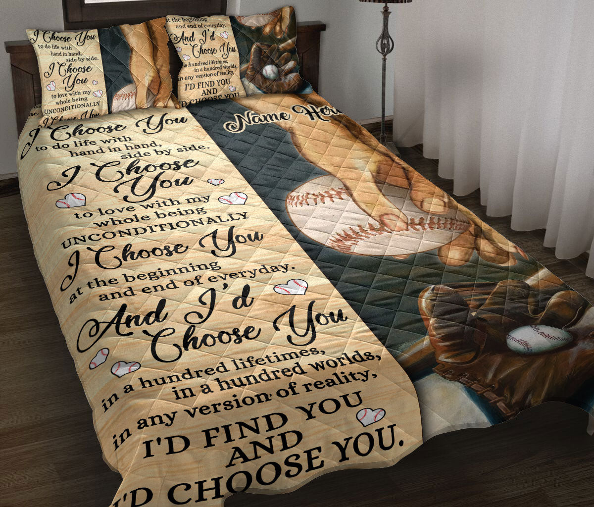Personalized Baseball Quilt Bedding Set, Baseball I Choose You Couple Husband & Wife Quilt Blanket With Pillowcases, Duvet Cover Set