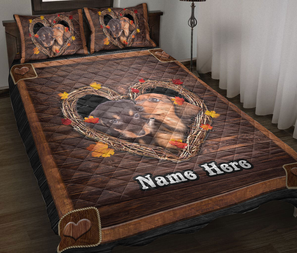 Personalized Dachshund Quilt Bedding Set, Dachshund Weiner Doxie Heart Dog Puppy Quilt Blanket With Pillowcases, Custom Name Duvet Cover Set