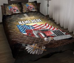 Personalized Trucker Quilt Bedding Set, Truck Eagle Cross US Flag Trucker Quilt Blanket With Pillowcases, Custom Name Duvet Cover Set