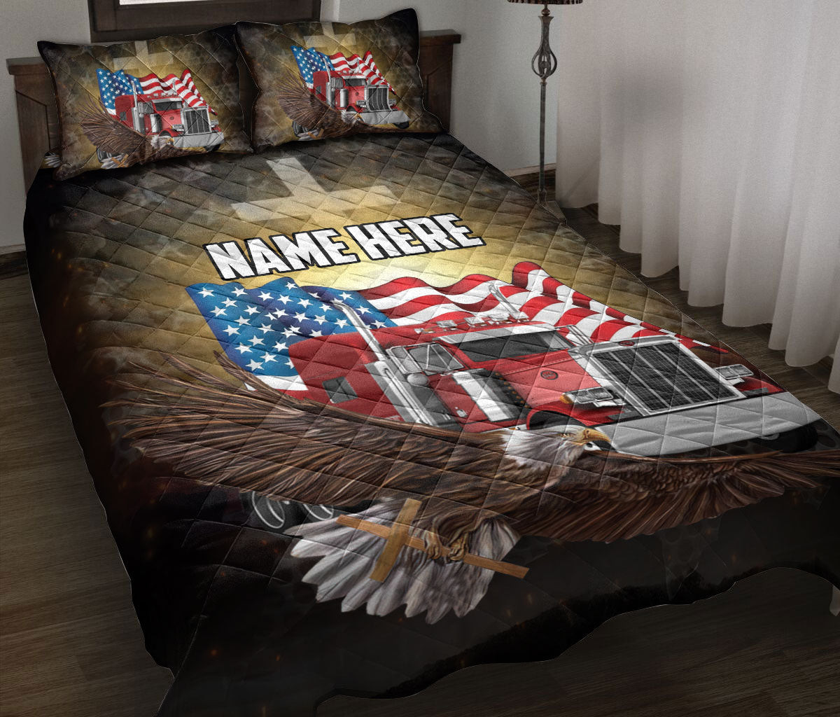 Personalized Trucker Quilt Bedding Set, Truck Eagle Cross US Flag Trucker Quilt Blanket With Pillowcases, Custom Name Duvet Cover Set