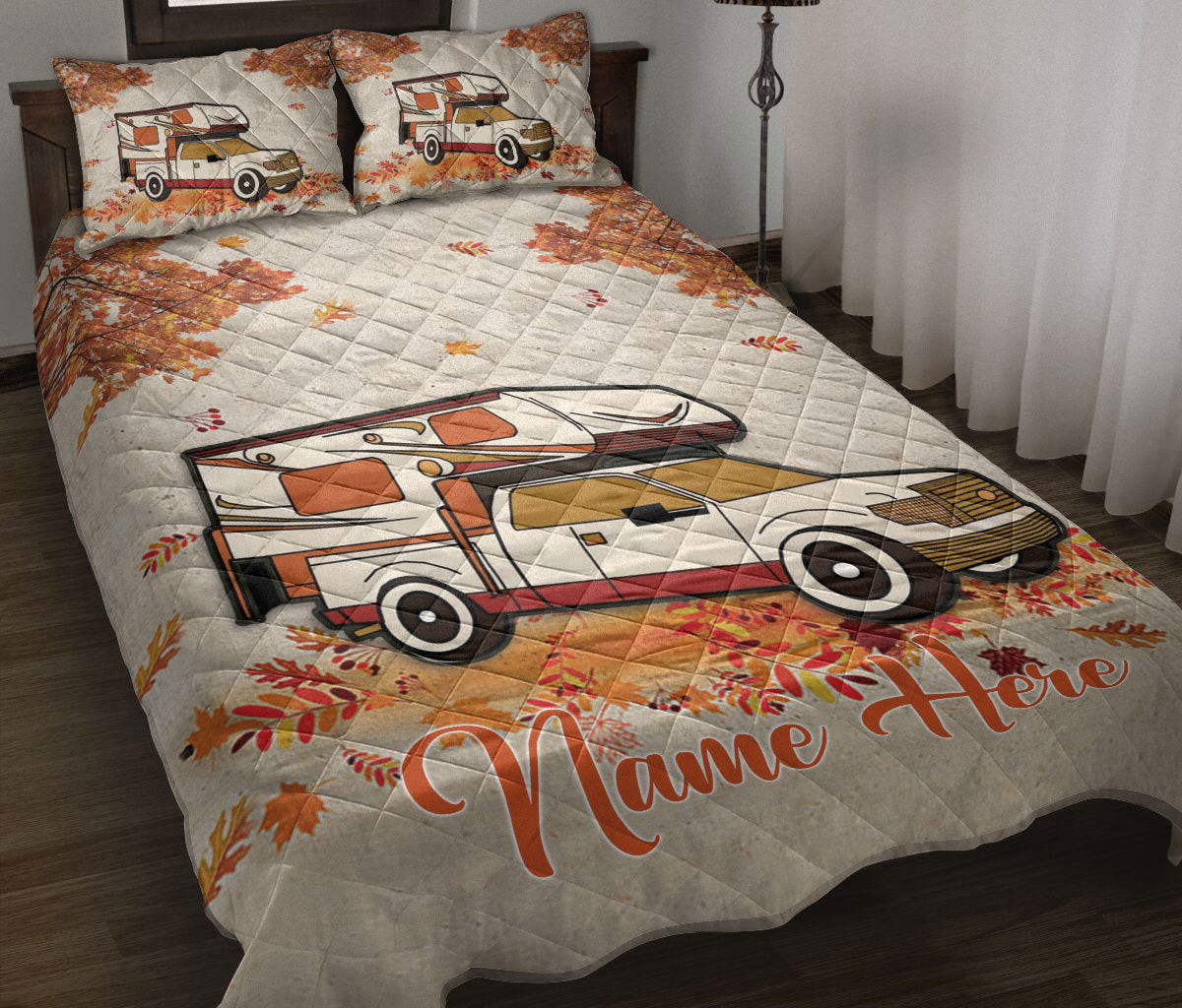 Personalized Camping Quilt Bedding Set, Fall Camping Camper Camping Truck Rvs Quilt Blanket With Pillowcases, Custom Name Duvet Cover Set