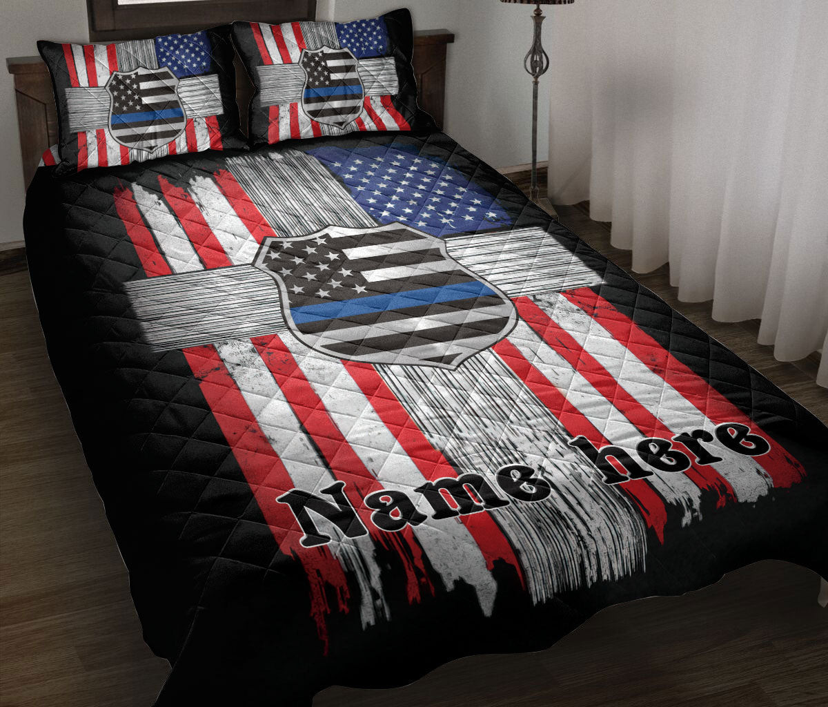 Personalized Police Quilt Bedding Set, Proud Police Cross Thin Blue Line American US Flag Quilt Blanket With Pillowcases, Duvet Cover Set