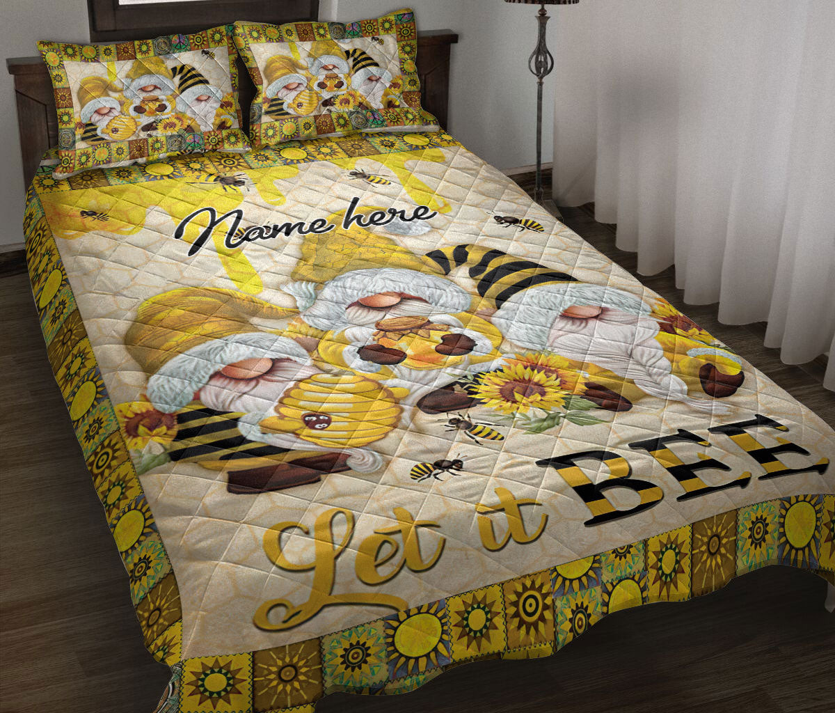 Personalized Sunflower Quilt Bedding Set, Bumble Honey Bee Let It Bee Gnome Yellow Sunflower Quilt Blanket With Pillowcases, Duvet Cover Set