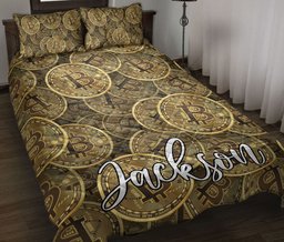 Personalized Bitcoin Quilt Bedding Set, Bitcoin Golden Coins Seamless Investor Quilt Blanket With Pillowcases, Custom Name Duvet Cover Set