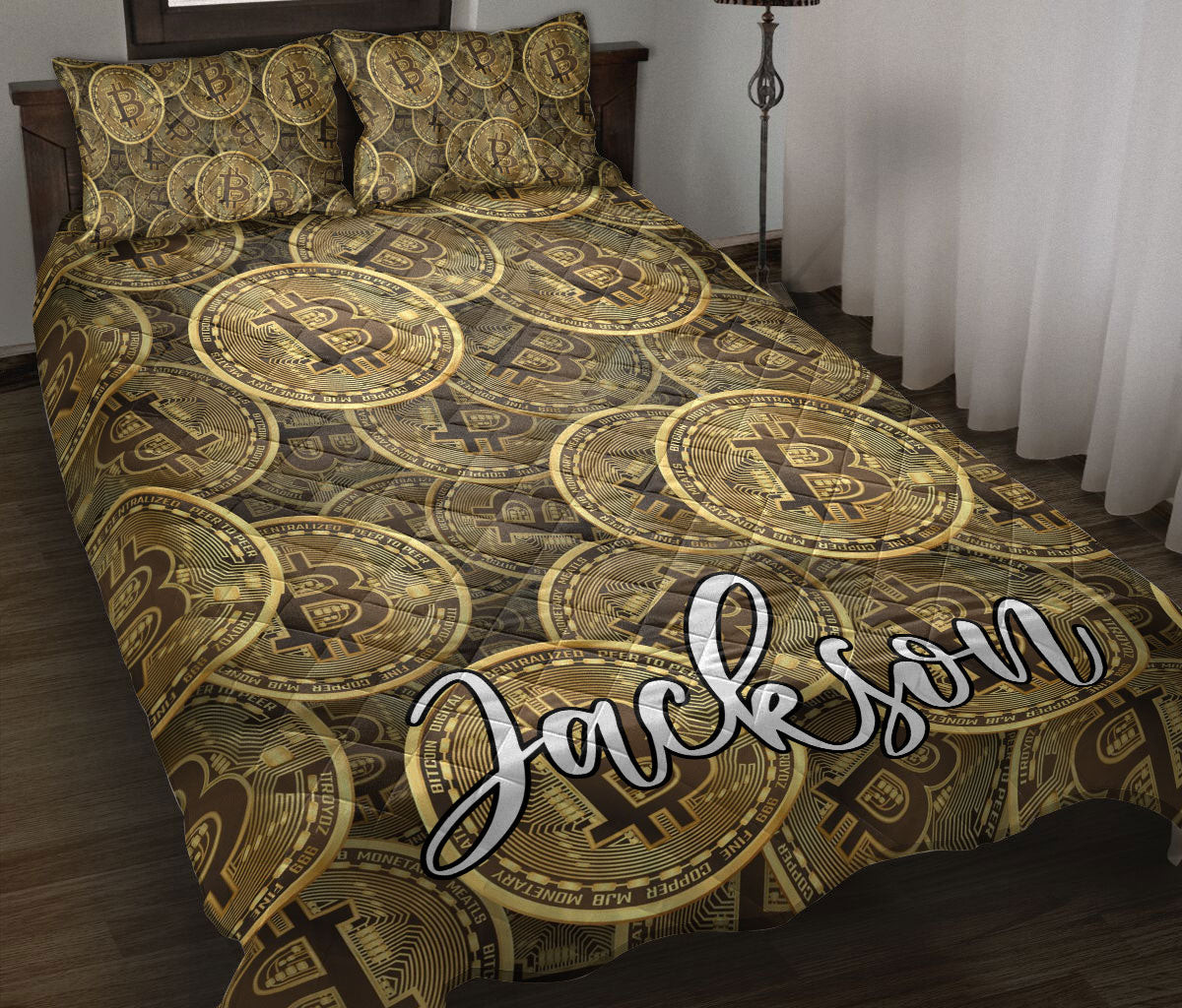 Personalized Bitcoin Quilt Bedding Set, Bitcoin Golden Coins Seamless Investor Quilt Blanket With Pillowcases, Custom Name Duvet Cover Set