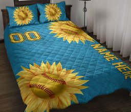 Personalized Softball Quilt Bedding Set, Softball Ball Sunflower Turquoise Quilt Blanket With Pillowcases, Duvet Cover Set