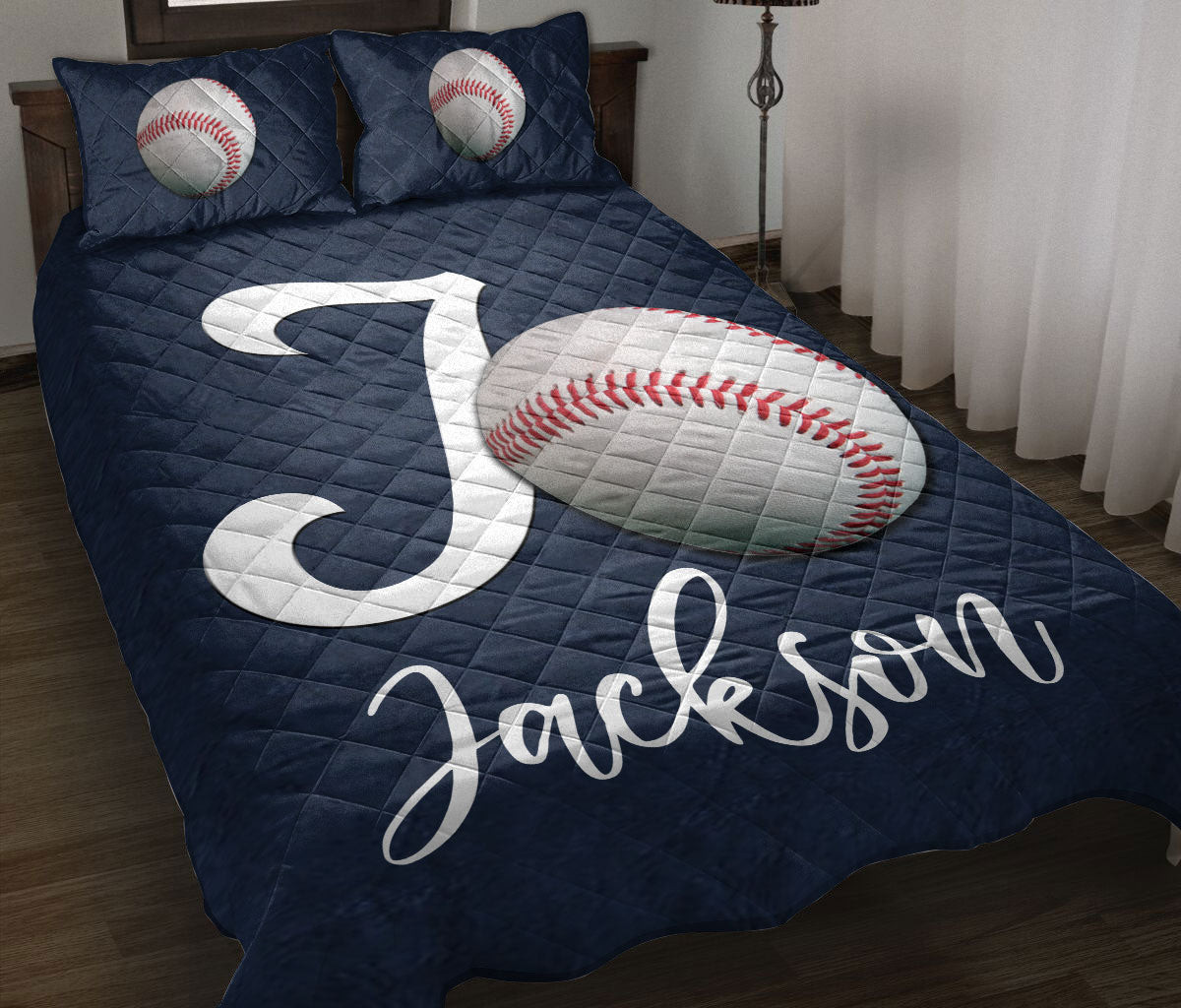Personalized Baseball Quilt Bedding Set, Baseball Ball Navy Background Quilt Blanket With Pillowcases, Custom Name Duvet Cover Set, Sports Gifts