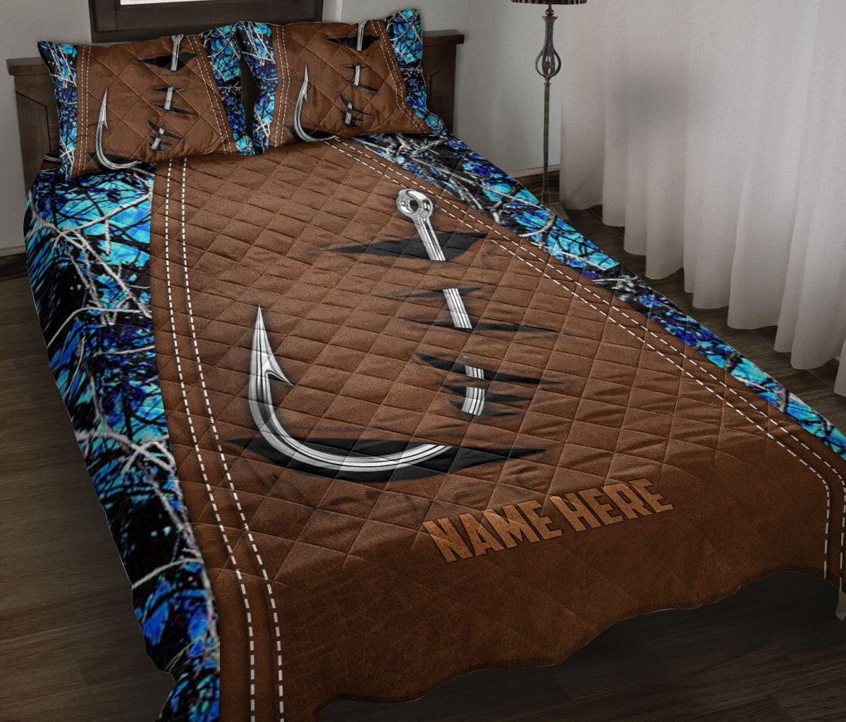 Personalized Fishing Quilt Bedding Set, Fishing Hook Blue Quilt Blanket With Pillowcases, Custom Name Duvet Cover Set