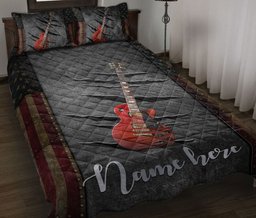 Personalized Guitar Quilt Bedding Set, Cherry Sunburst Guitar American US Flag Crack Quilt Blanket With Pillowcases, Duvet Cover Set