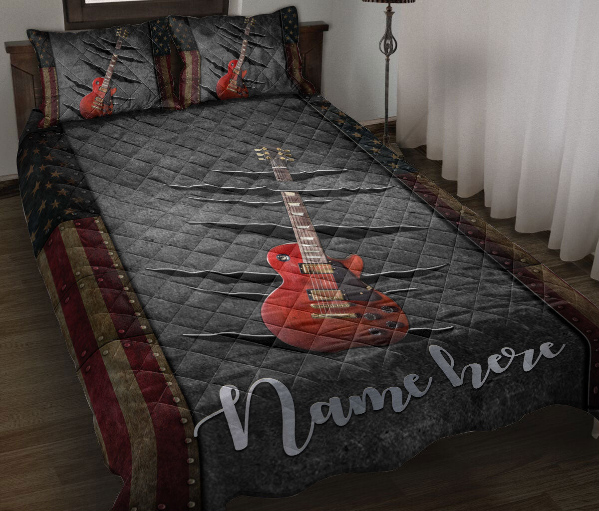 Personalized Guitar Quilt Bedding Set, Cherry Sunburst Guitar American US Flag Crack Quilt Blanket With Pillowcases, Duvet Cover Set