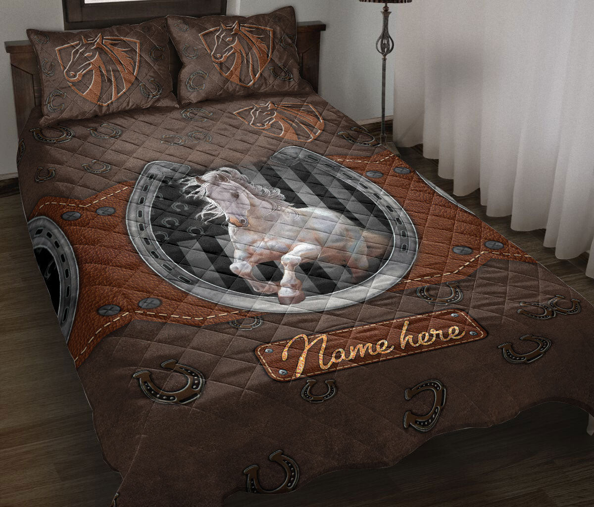 Personalized Quilt Bedding Set, White Horse Horseshoe Farm Quilt Blanket With Pillowcases, Custom Name Duvet Cover Set